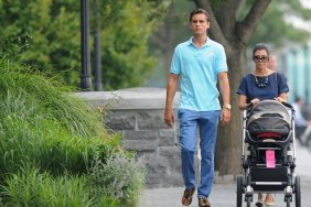 Kourtney Kardashian, sunglasses, navy blue blouse, necklace, bracelet, Scott Disick, aqua shirt, blue pants, leopard shoes